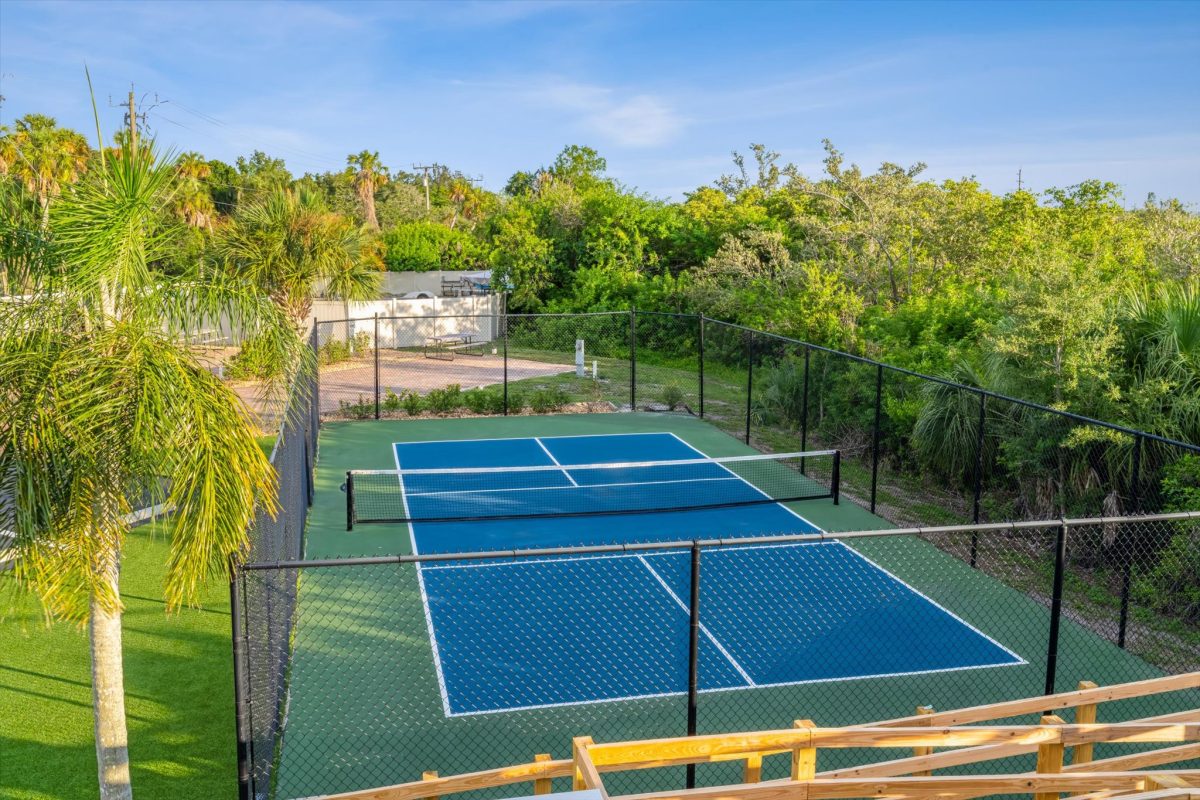 Fisherman's Cove pickleball court, framed by palms
